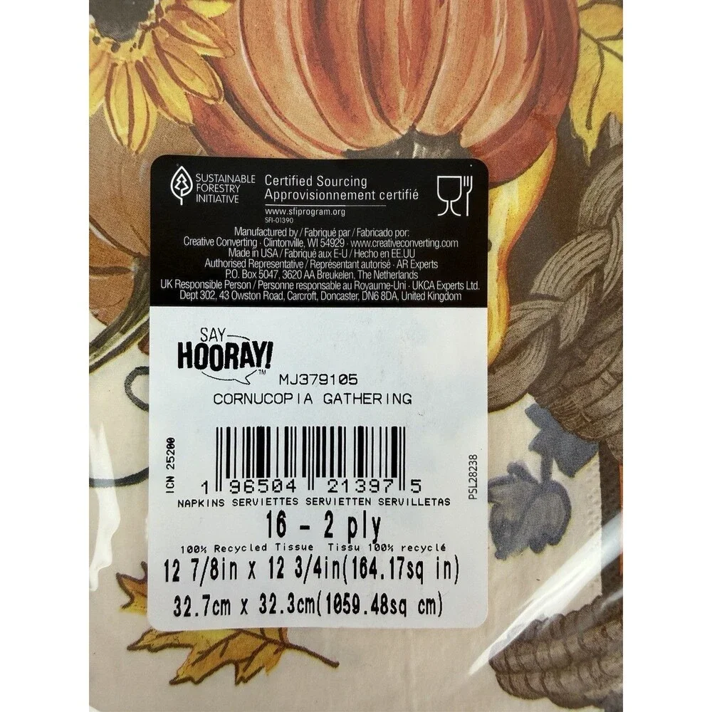 8 Packs Cornucopia Gathering Fall/Thanksgiving Paper Napkins, 16 per package